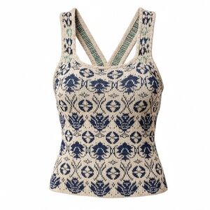 NWT Pilcro Anthropologie Blue/White Patterned Knit Cross-Back Tank Top Size XL